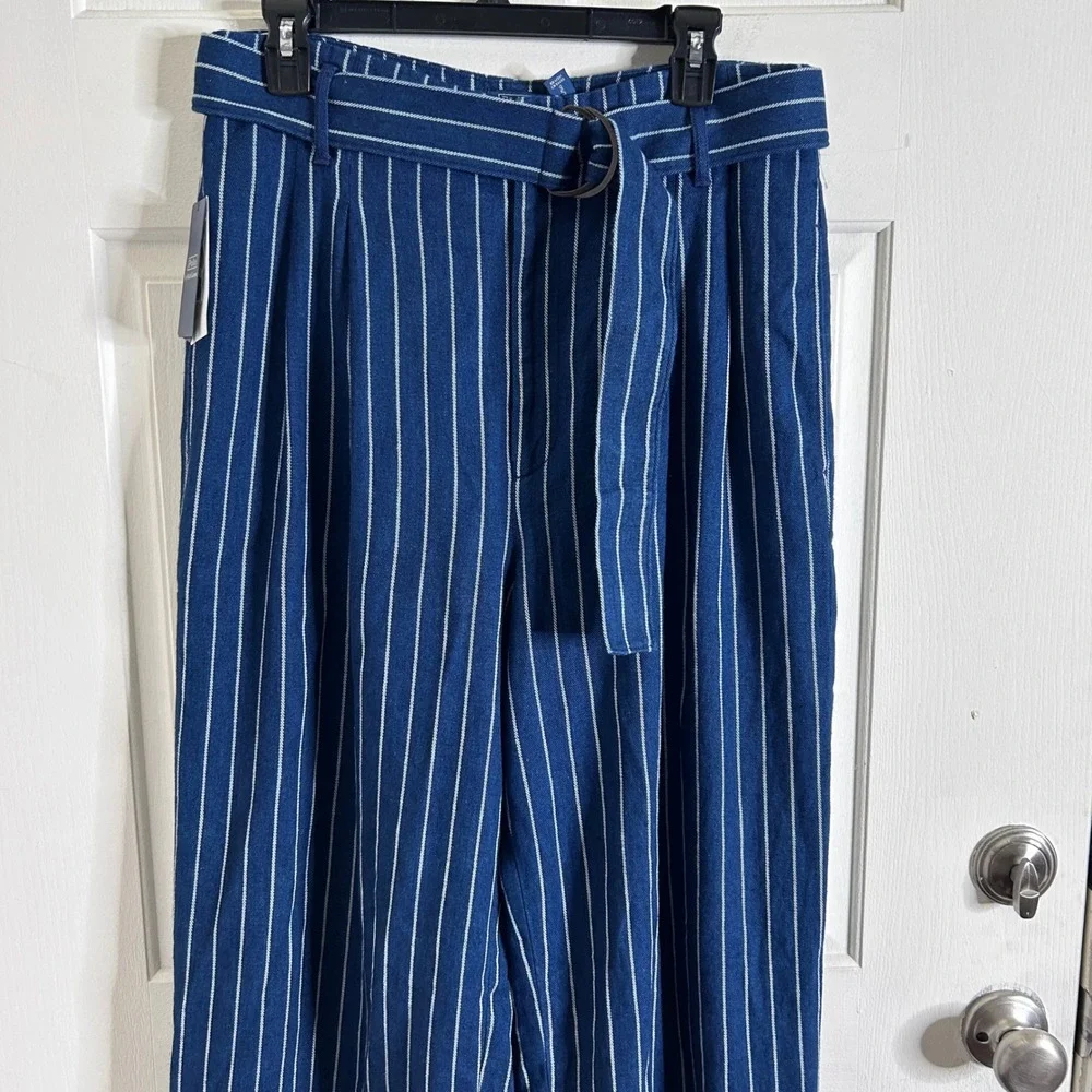 $298 Polo Ralph Lauren Evan Pinstripe Wide Leg Linen Blend Pants Navy size 10